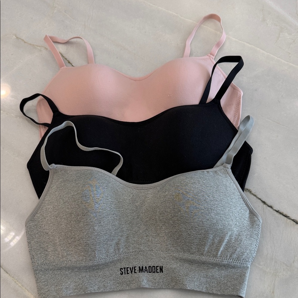 Brand New Without Tags!! Steve Madden Pink, Black, and Gray Sports Bras, size S.